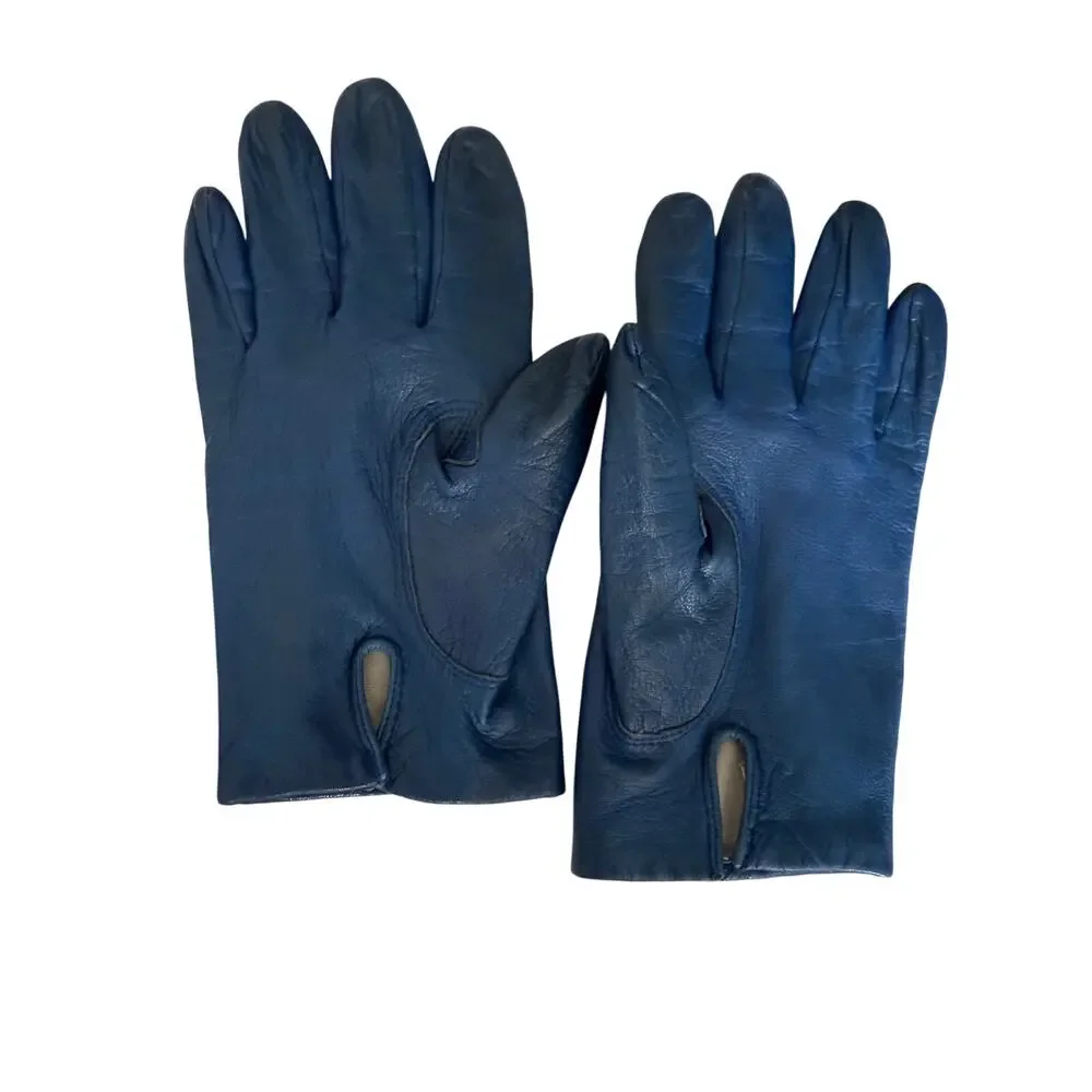 Vintage Fownes Blue Leather Gloves Size 7.5 Genuine Leather Rayon Lined